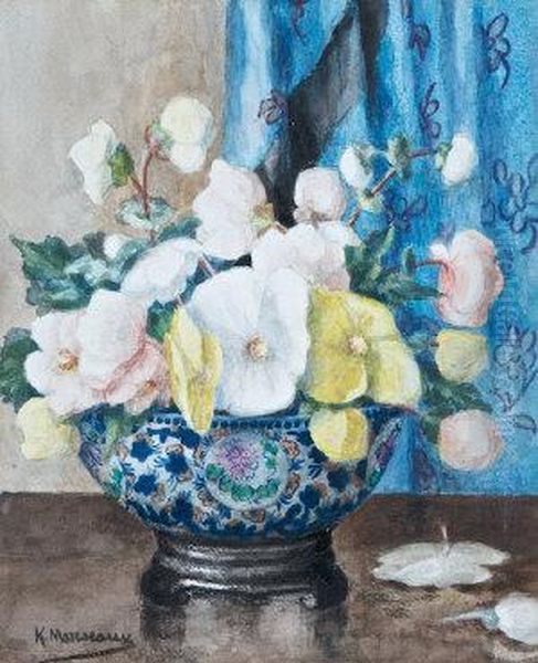 Begonias (blue Chinese Draperies) Oil Painting by Kathleen Marescaux