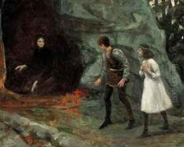 Young Children Approaching The Witch's Cave Oil Painting by William Henry Margetson