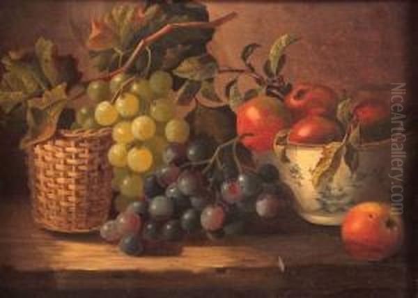 Still Life Study Of Grapes, Basket And Bowlof Apples On A Table Ledge Oil Painting by Maria Margitson