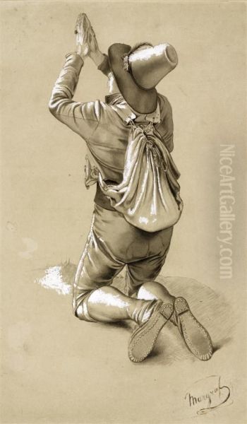 A Wayfarer, Pictured Kneeling With Hands Raised In Prayer Oil Painting by Florian Margraf