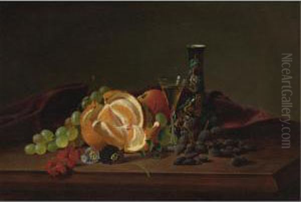 Orange, Raisins, Pansies, Wine Glass And Japanese Vase Oil Painting by Maria Peale