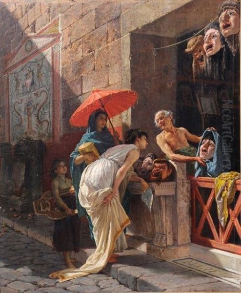 Italian 
The Mask Seller, A Roman Street Scene Oil Painting by Cesare Mariani