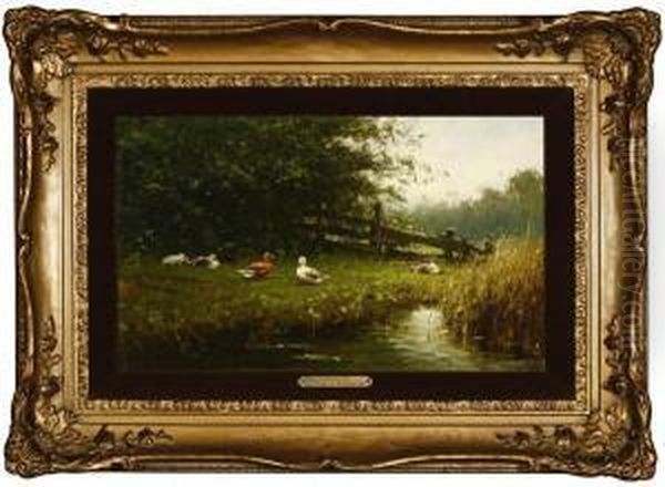 Ducks By The Pond Oil Painting by Adrianus Koekkoek Marianus