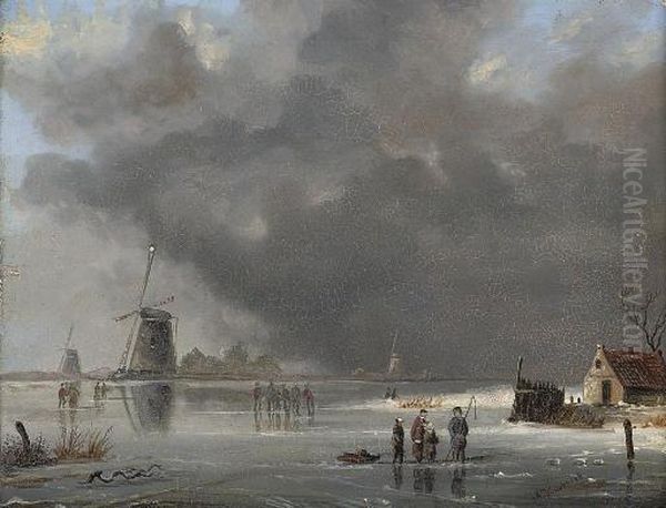 Anglers On The Ice Oil Painting by Adrianus Koekkoek Marianus