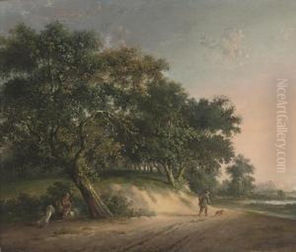 Travellers On A Track At Dusk Oil Painting by Adrianus Koekkoek Marianus