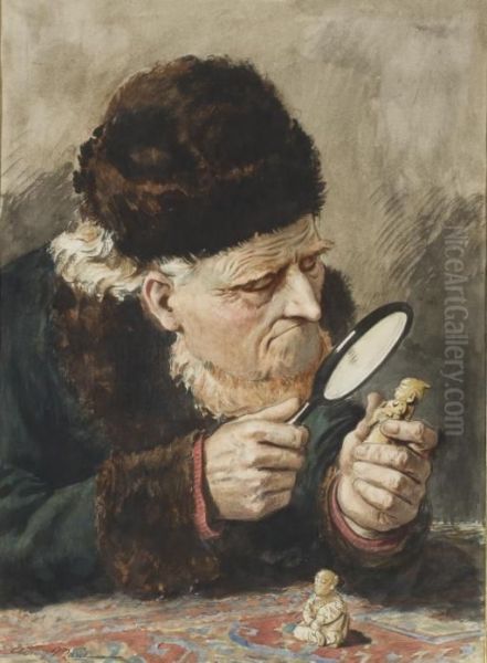 Portrait D'un Homme Assis Portant Un Chapeau Et Regardant Des Figurines A La Loupe Oil Painting by Adrien E. Marie