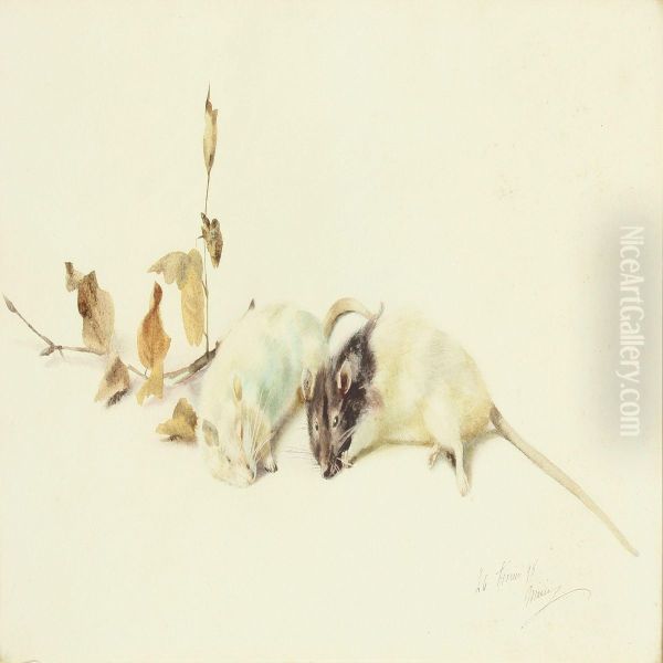 Two White Rats And A Fall Branch Oil Painting by Prinsesse, Danmark Marie