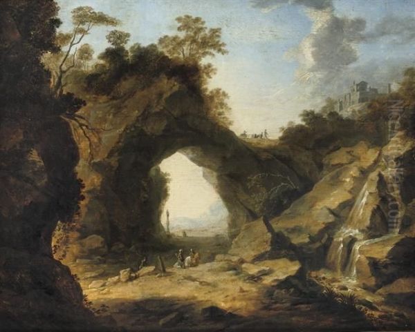 A Rocky Landscape With Soldiers Near A Waterfall Oil Painting by Jan A. Marienhof