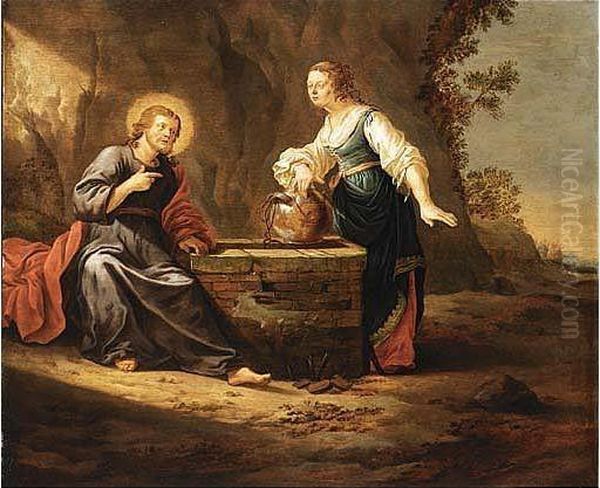 Christ With The Woman Of Samaria (john 4:1-30) Oil Painting by Jan A. Marienhof