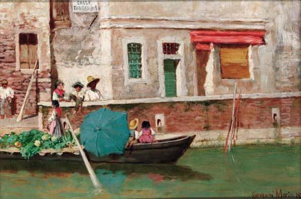 A Market Boat In Venice Oil Painting by Giovanni Marin