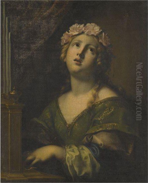 St. Cecilia Wearing A Crown Of Flowers, Playing An Organ Oil Painting by Onorio Marinari