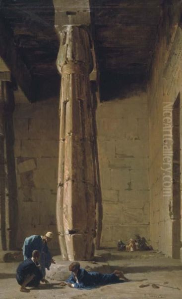 A Game Of Dice In The Temple Of King Seti I At Abydos Oil Painting by Vincenzo Marinelli