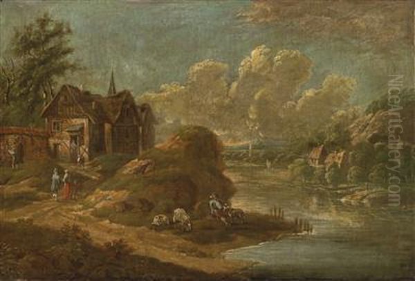 Wooded River Landscape With Farmhouses Andfigures Oil Painting by Antonio Marini