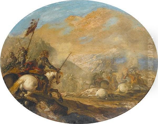 A Cavalry Skirmish Oil Painting by Antonio Marini