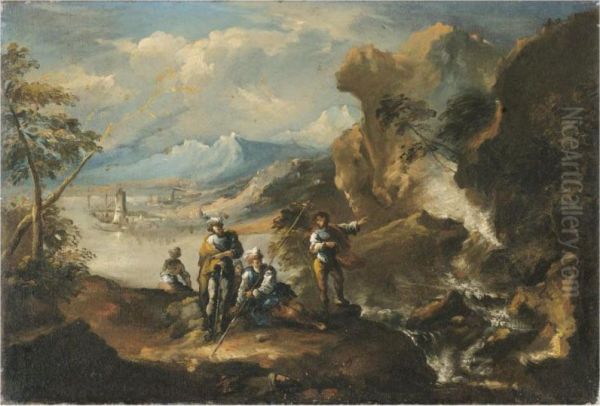 A Coastal Landscape With Figures Beside A Cascade Oil Painting by Antonio Marini