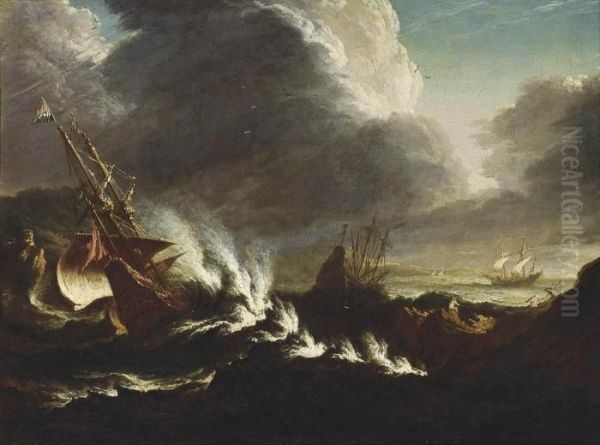 Shipping In Stormy Waters Oil Painting by Antonio Maria Marini