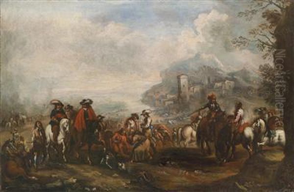 Two Cavalry Engagements Oil Painting by Antonio Maria Marini