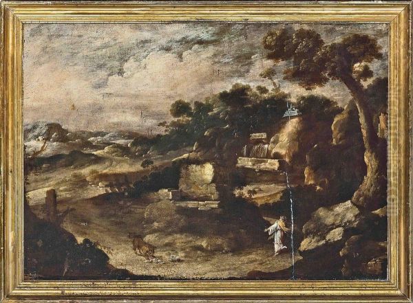 A Mountainous Wooded Landscape With Androclus And The Lion Oil Painting by Antonio Maria Marini