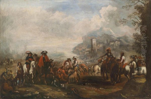 Two Mounted Skirmishes Oil Painting by Antonio Maria Marini