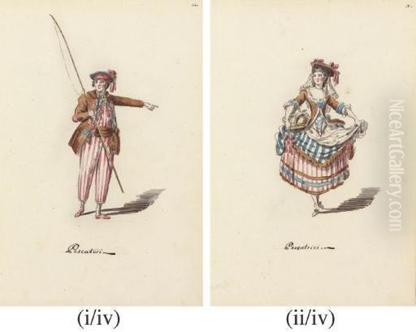 Pescatori; Pescatrice; Conttadino; And Conttadina Costume Designs Oil Painting by Leonardo Marini