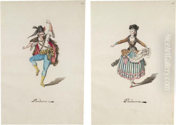 Three Pairs Of Designs For Theatrical Costumes: Pandurro And Pandurra; Spagnuolo And Spagnuola; And Provenzale And Provenzala Oil Painting by Leonardo Marini