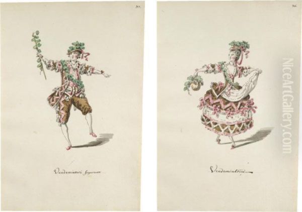 Two Pairs Of Designs For Theatrical Costumes: Vendemiatori And Vendemiatrici; And Boemo Primo Ballerino And Boema Oil Painting by Leonardo Marini