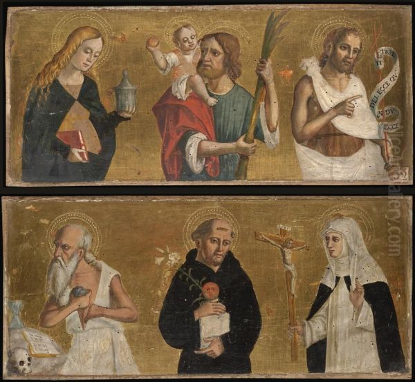 Saints Mary Magdalen, Christopher And John The Baptist; And Saints Jerome, Nicholas Of Tolentino And A Female Saint Oil Painting by Antonio Marinoni