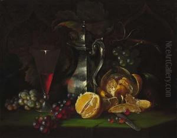 Still Life With Ewer, Glass & Fruit Oil Painting by Alessandro E. Mario