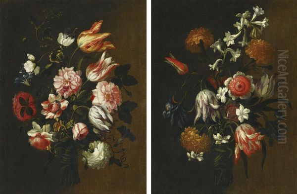 Two Still Lifes With Tulips, Roses And Other Flowers Tied In Bunches Oil Painting by Mario Nuzzi Mario Dei Fiori