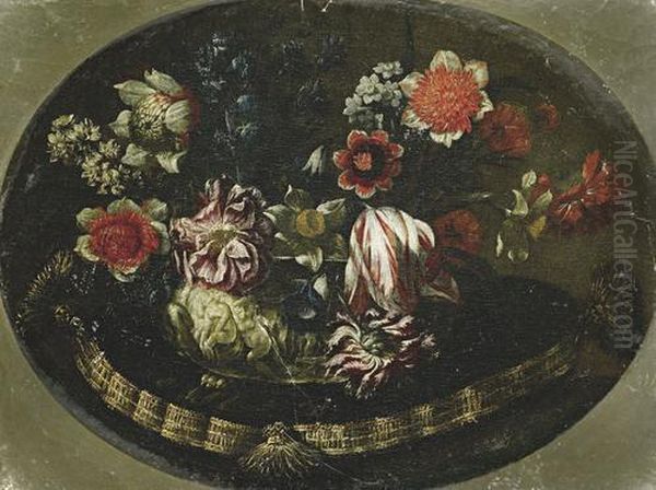 Tulips, Dahlias, Narcissi And Other Flowers Ina Classical Urn On A Velvet Fringed Cushion Oil Painting by Mario Nuzzi Mario Dei Fiori