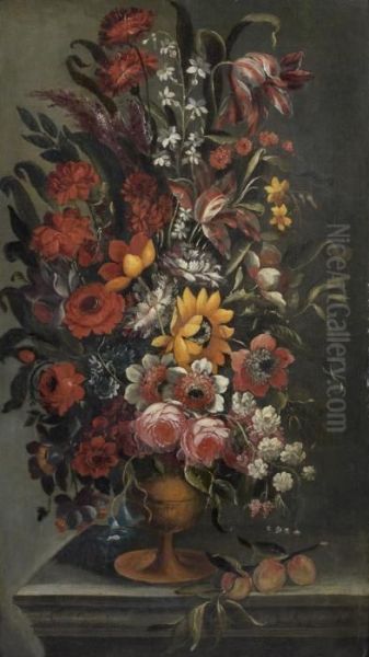 Bouquet De Fleurs Pose Sur Un Entablement Pres D'une Branche D'abricotier Oil Painting by Mario Nuzzi Mario Dei Fiori