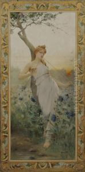 Young Beauty Playing A Double Flute Oil Painting by Jean Alfred Marioton