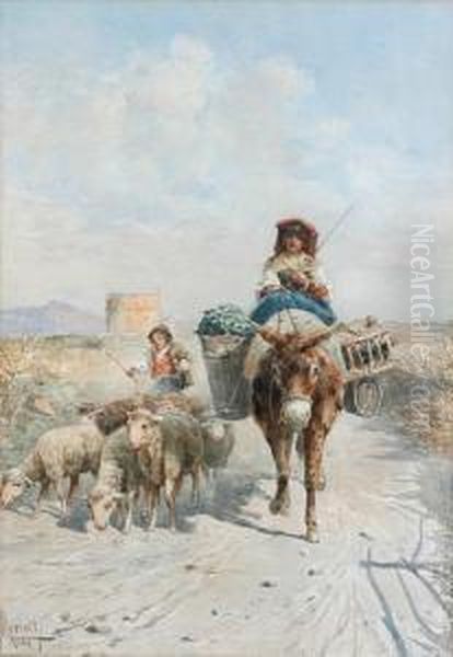 Peasants With Their Flock Of Sheep On Acountry Path Oil Painting by Leopoldo Mariotti