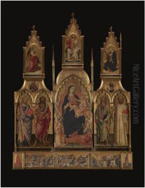 Madonna Col Bambino In Trono E Angeli, San Giacomo Maggiore, San Giovanni Battista, Sant'andrea E San Bernardo; Re David, Mose; Annunciazione, Cristo Benedicente; Donatore, Bernardo Di Tommaso Serristori, Decapitazione Di San Giacomo, Battesimo Di Cris Oil Painting by Mariotto Di Nardo