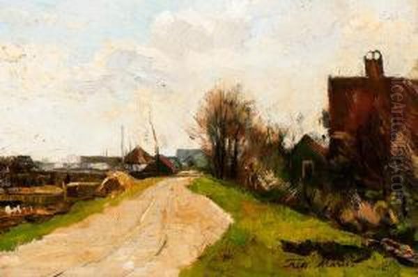 Road On A Dike With Farms Oil Painting by Frits Maris