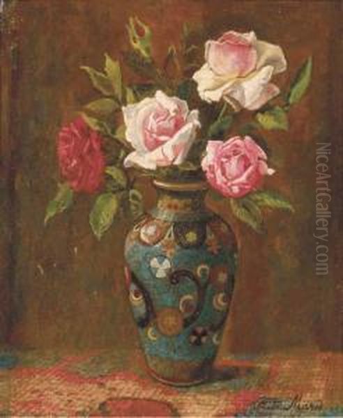 Rozen: Roses In A Cloissone Vase Oil Painting by Frits Maris