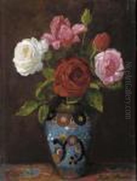 Roses A Cloissone Vase Oil Painting by Frits Maris