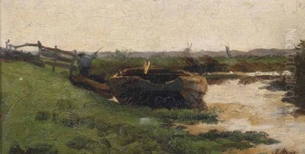 Rowing Boat In A Polder Landscape Oil Painting by Jacob Henricus Maris