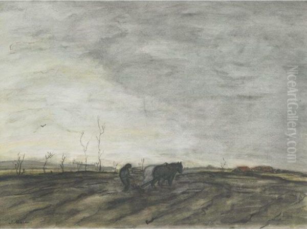 Farmer And Team Ploughing The Field Oil Painting by Jacob Henricus Maris