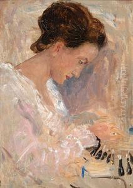 Elegant Woman Sewing Oil Painting by Simon Maris