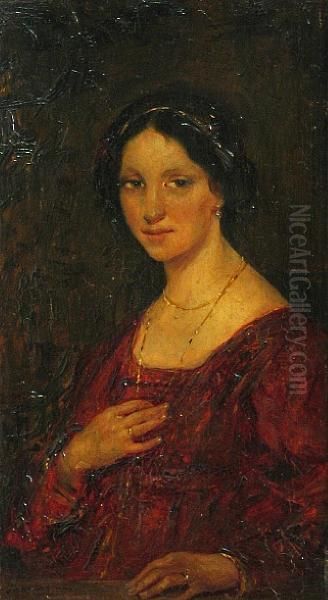 A Portrait Of A Lady In A Red Dress Oil Painting by Simon Maris