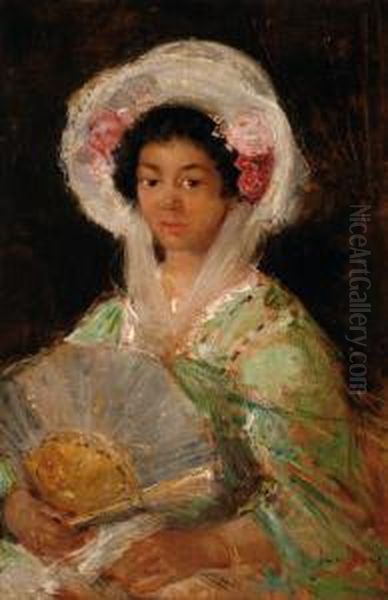 Portrait Of Mrs. Allwoodwith A Fan Oil Painting by Simon Maris