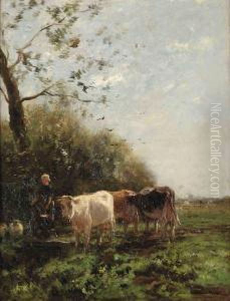 A Farmer's Wife With Grazing Cows Oil Painting by Willem Maris