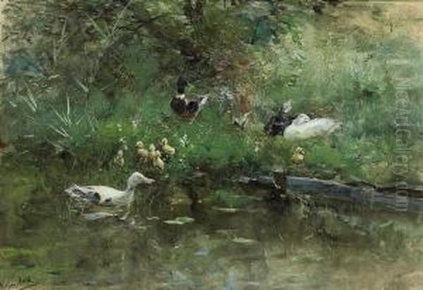 Ducks In A Meadow Oil Painting by Willem Maris