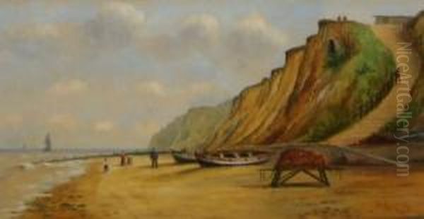 Norfolk Coastal Scene With Figures And Yarmouth Boats Oil Painting by William Marjoram