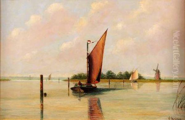 Broadland Landscape With Sailing Boats And Windmill Oil Painting by William Marjoram