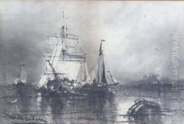 Both Showing Ships Engaged In Battle At Sea Oil Painting by Albert Ernest Markes