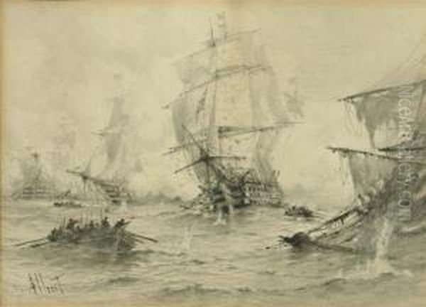 Three Masted Frigates At War Oil Painting by Albert Ernest Markes