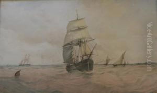 Sailing Vessels In Coastal Waters Oil Painting by Albert Ernest Markes