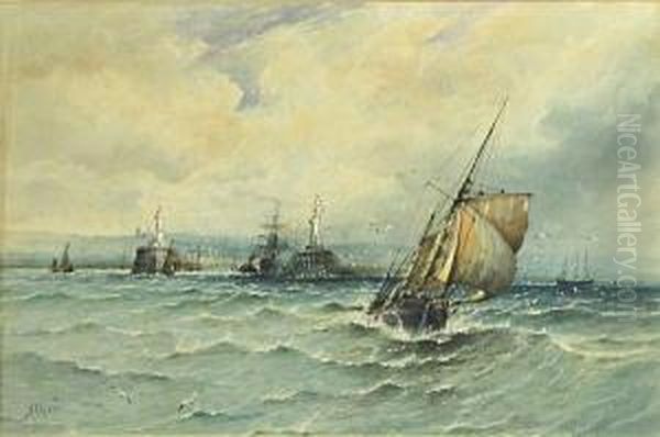 A Harbor Scene With A Fishing Boat In The Foreground Oil Painting by Albert Ernest Markes